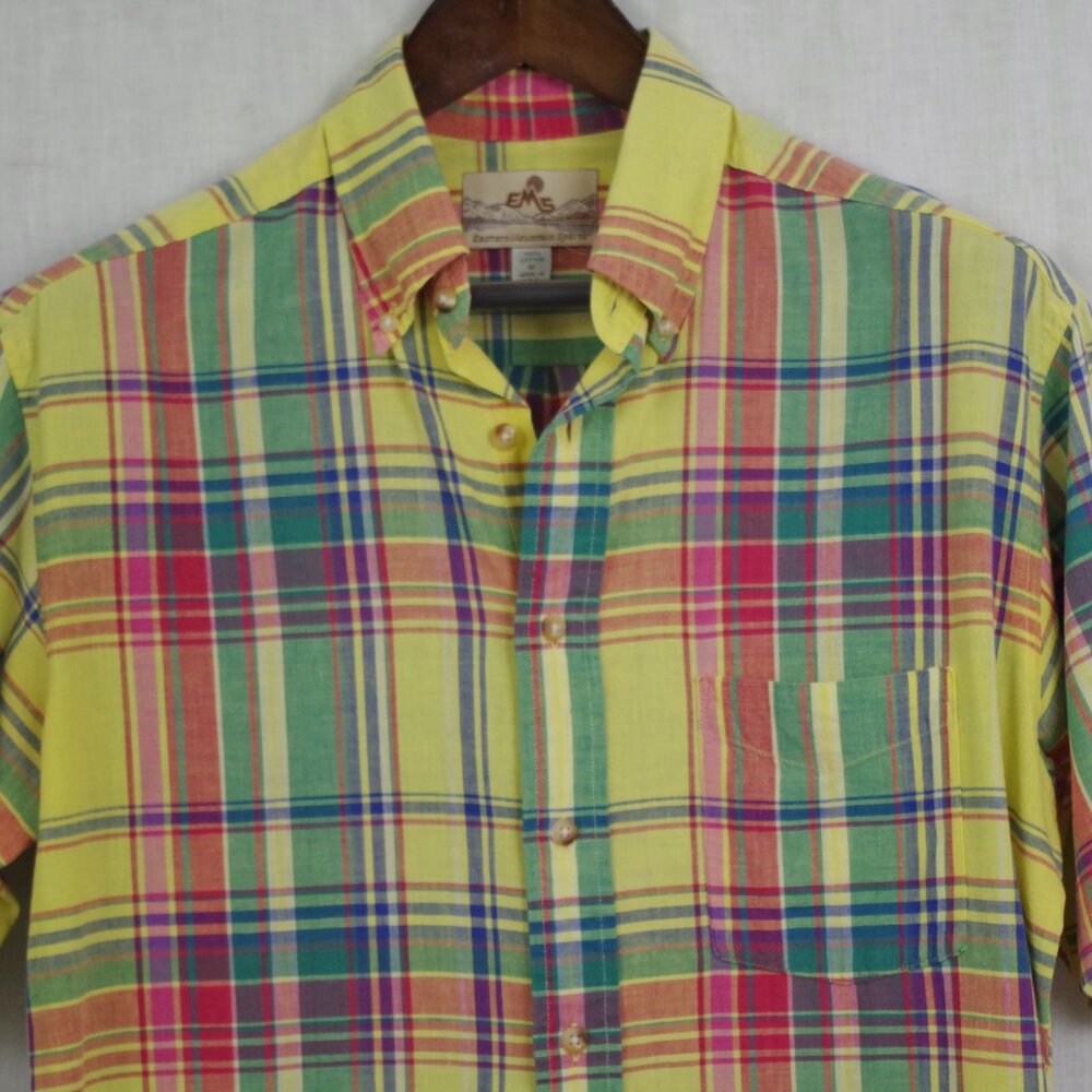 2 USA Made EMS Short Sleeve Madras Plaid Cotton Button Down Collared Shirts - Picture 11 of 12